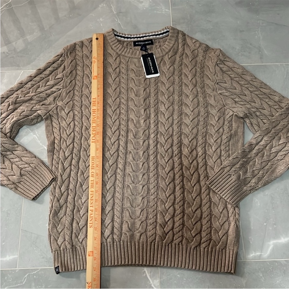 NWT Mizzen + Main Redford Cable Knit Crewneck Sweater Mens XL Beige/Khaki - Picture 7 of 12